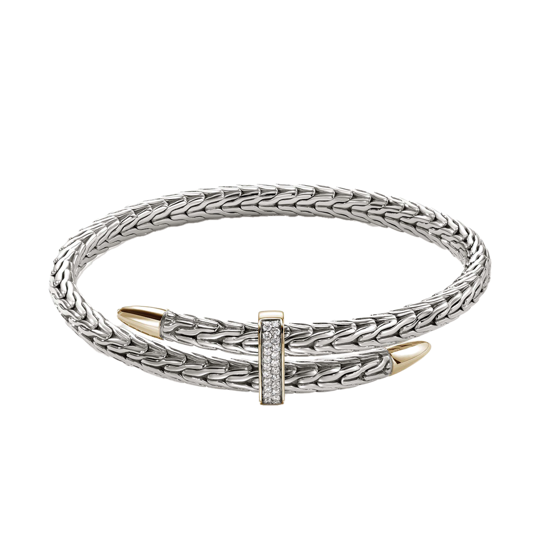 Classic Chain Spear Bypass Flex Cuff with Pave Diamonds in 14K Yellow Gold and Sterling Silver