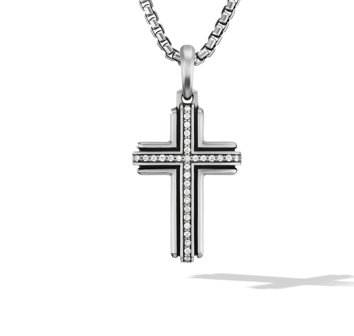 Deco Cross Pendant in Sterling Silver with Pavé Diamonds