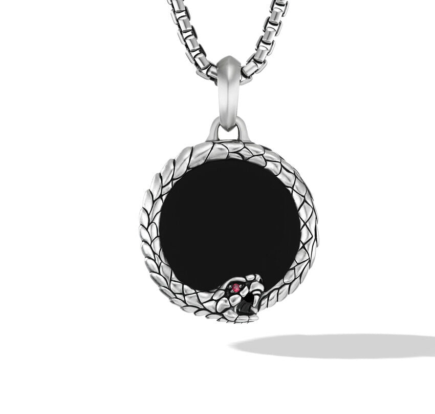 Cairo Ouroboros Amulet in Sterling Silver with Black Onyx and Ruby, 25mm