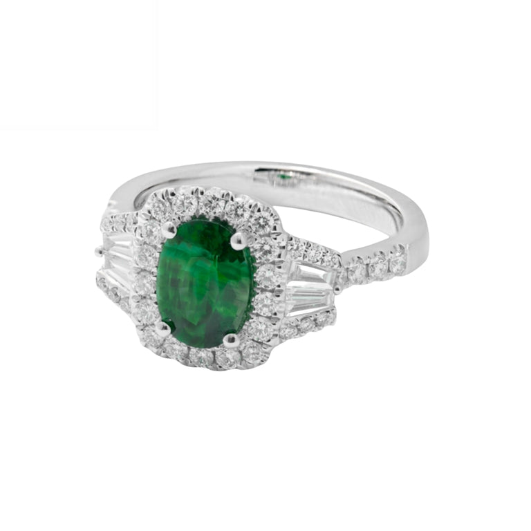 Emerald Ring with Baguette and Round Diamonds