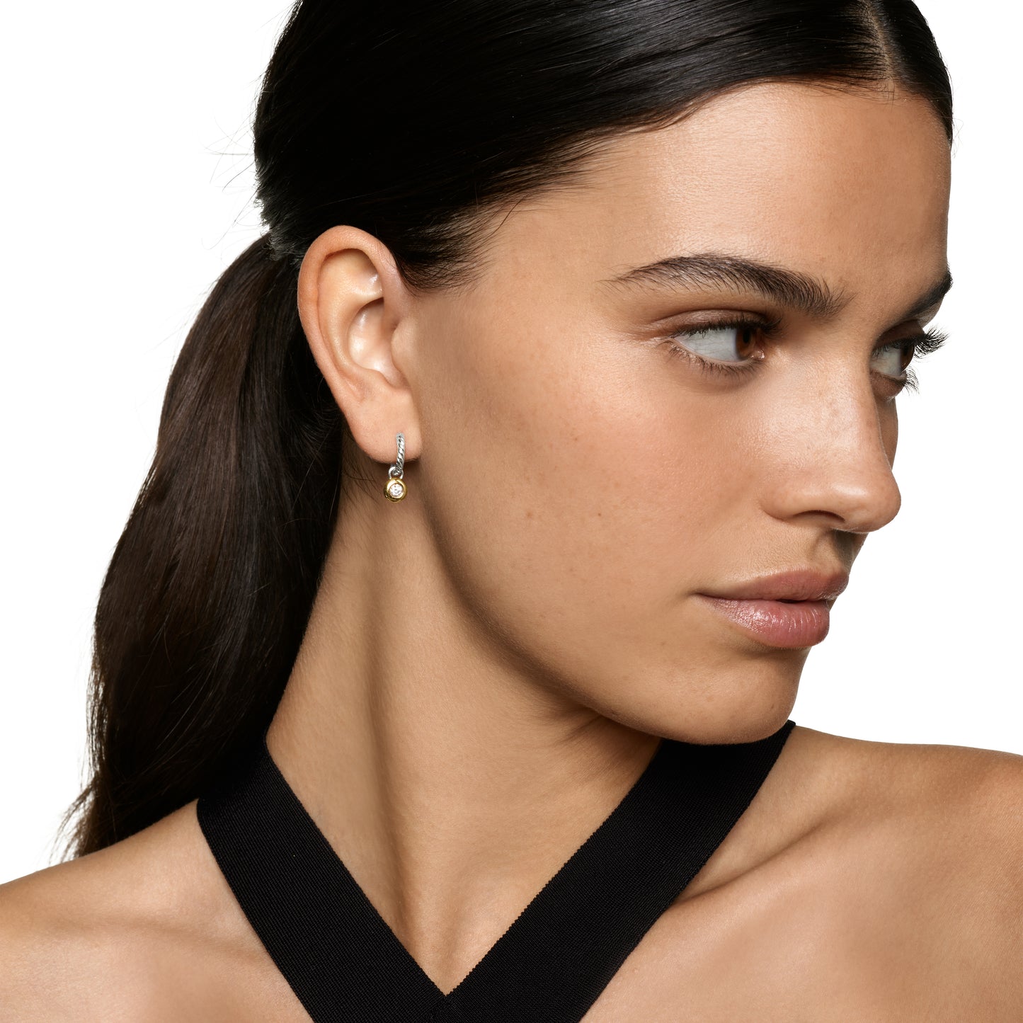 Petite Cable Huggie Drop Earrings in Sterling Silver with 14K Yellow gold and Center Diamond, 17.5mm