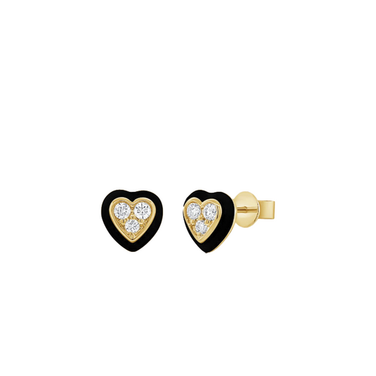 Black Enamel Heart Shaped Stud Earrings with Diamond Cluster Center in 14K Yellow Gold