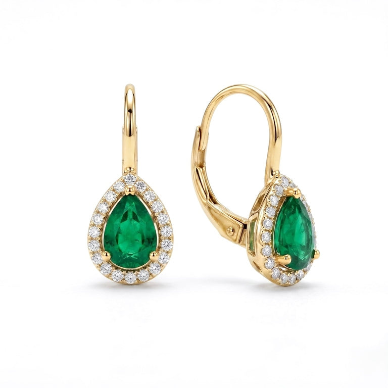 Pear Shape Emerald Drop Earrings with Diamond Halo
