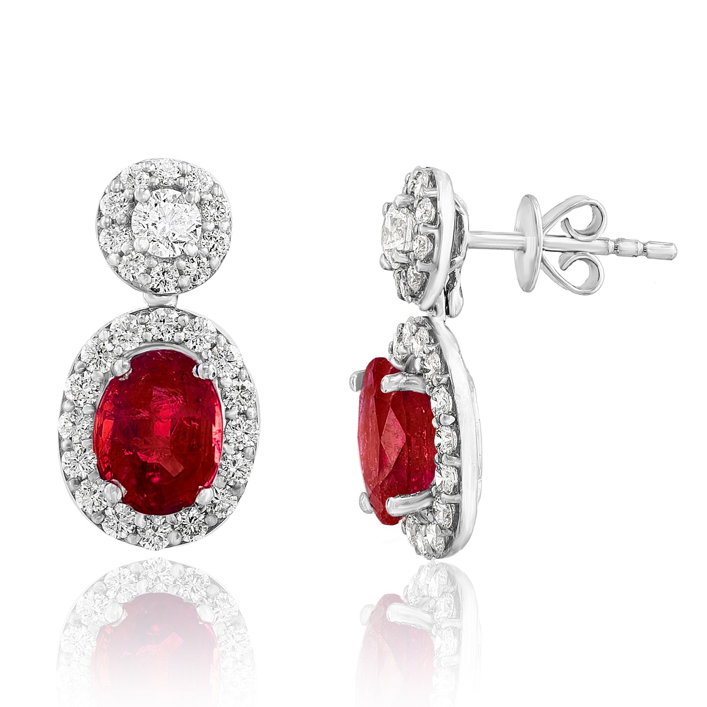 Oval Ruby Halo Drop Earrings with Diamond Stud