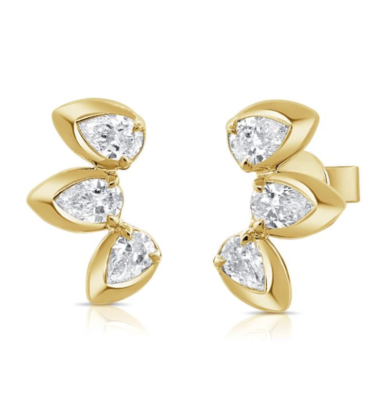 Curved Triple Pear Shaped Diamond Stud Earrings