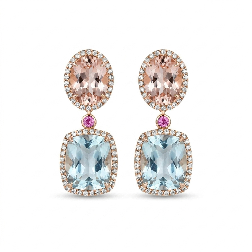 Diamond Halo Mixed Gem Drop Earrings