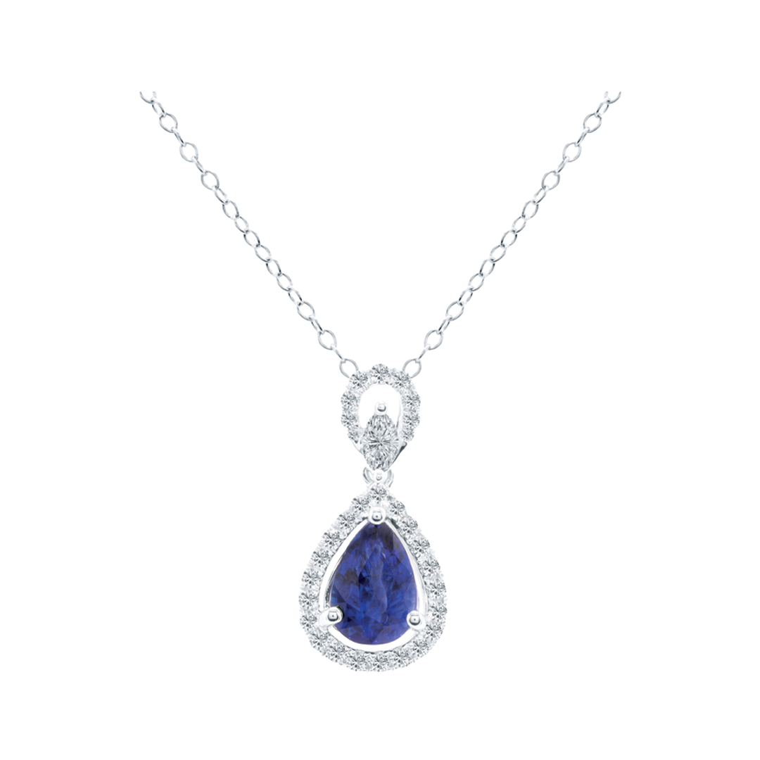 Pear Shaped Blue Sapphire Pendant Necklace with Diamond Halo