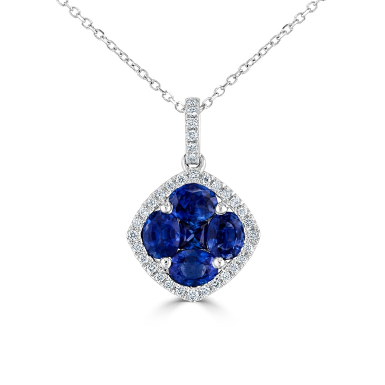 Blue Sapphire Cluster Necklace with Diamond Bail