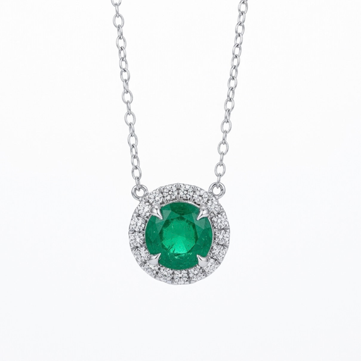 Round Emerald Pendant with Diamond Halo