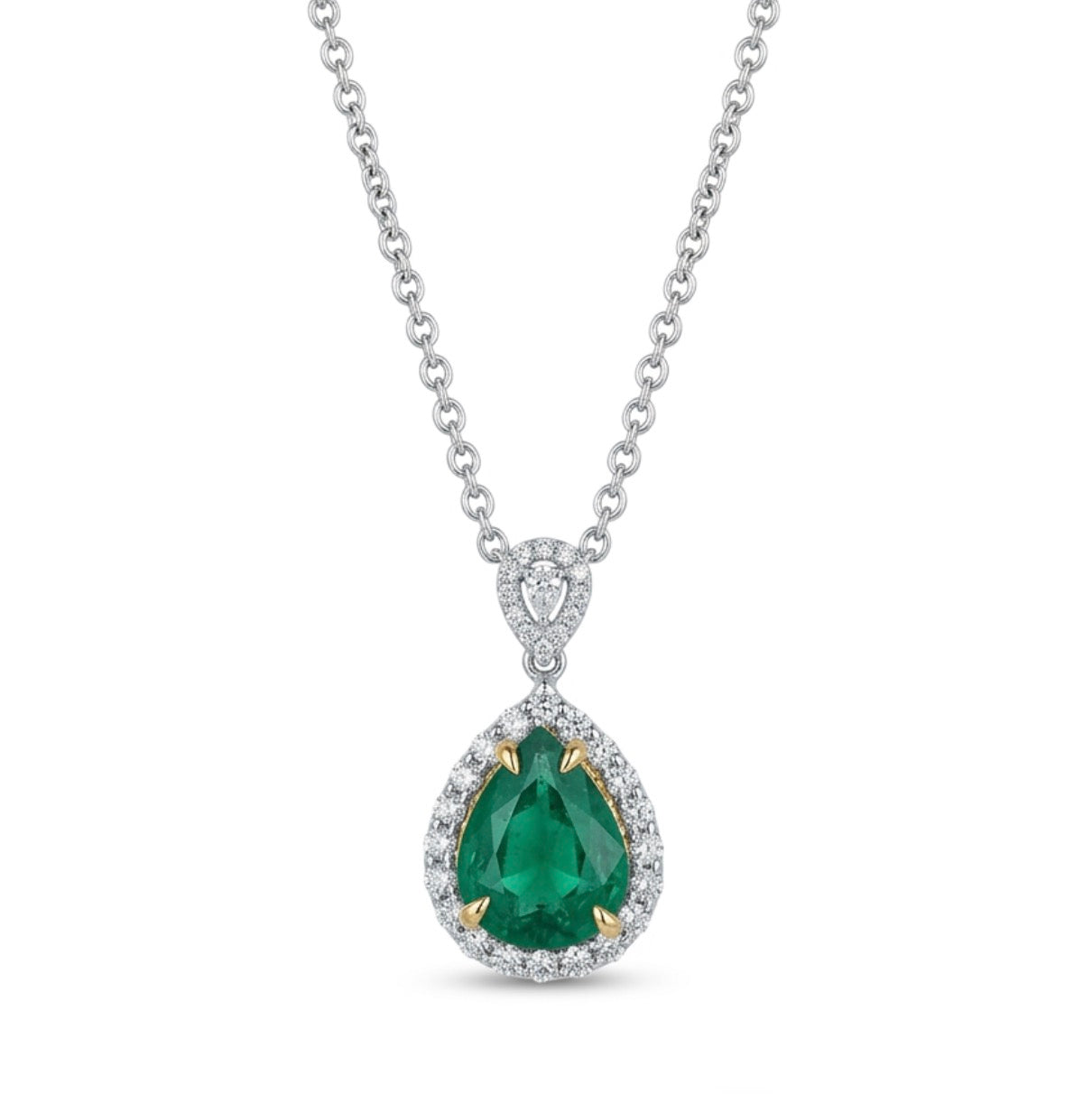 Pear Shaped Emerald Necklace with Diamond Halo