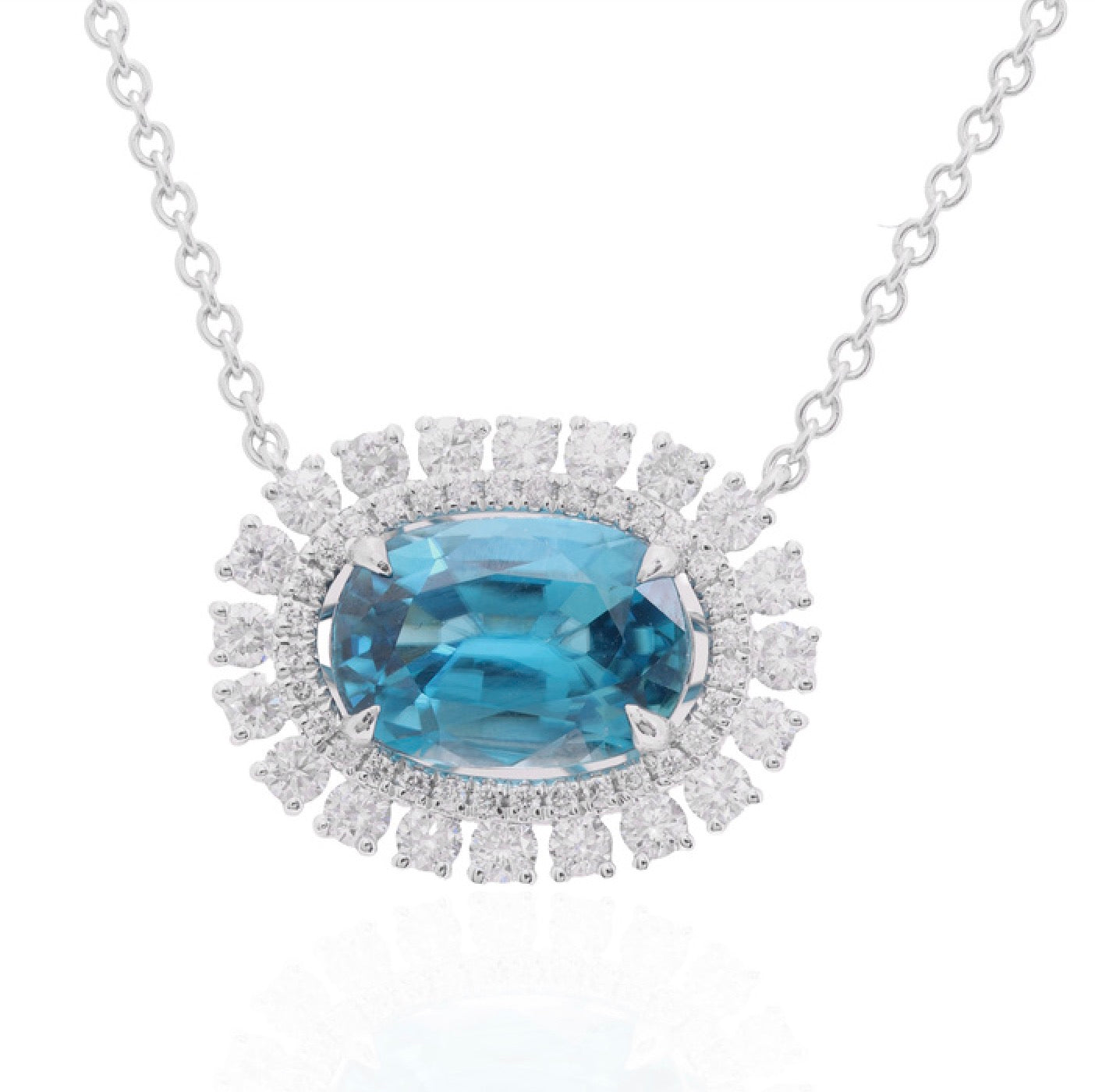 Oval Blue Zircon Pendant Necklace with Diamond Halo