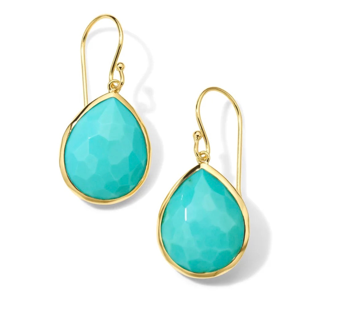 Gold Rock Candy Medium Teardrop Earrings in Rock Crystal & Turquoise