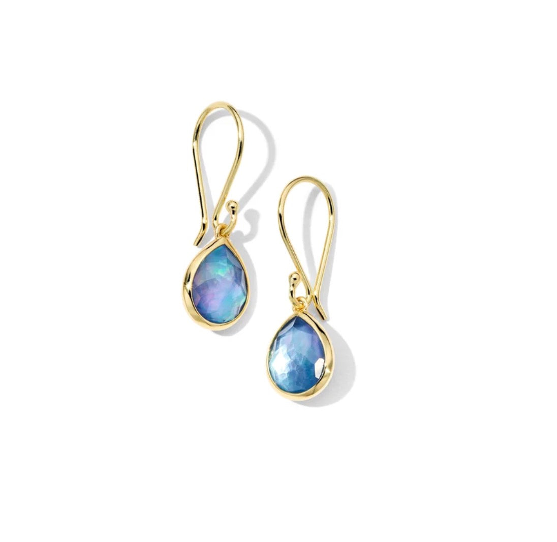 Gold Rock Candy Teeny Teardrop Earrings in Lapis Lazuli, Mother-Of-Pearl and Rock Crystal triplet