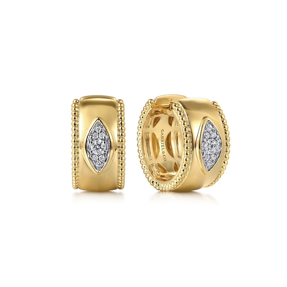 Gold Bead and Diamond Wide Huggie Hoop Earrings
