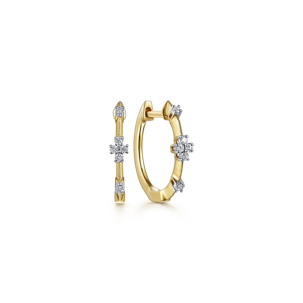 Gold Huggie Hoop Earrings with Diamond Clusters