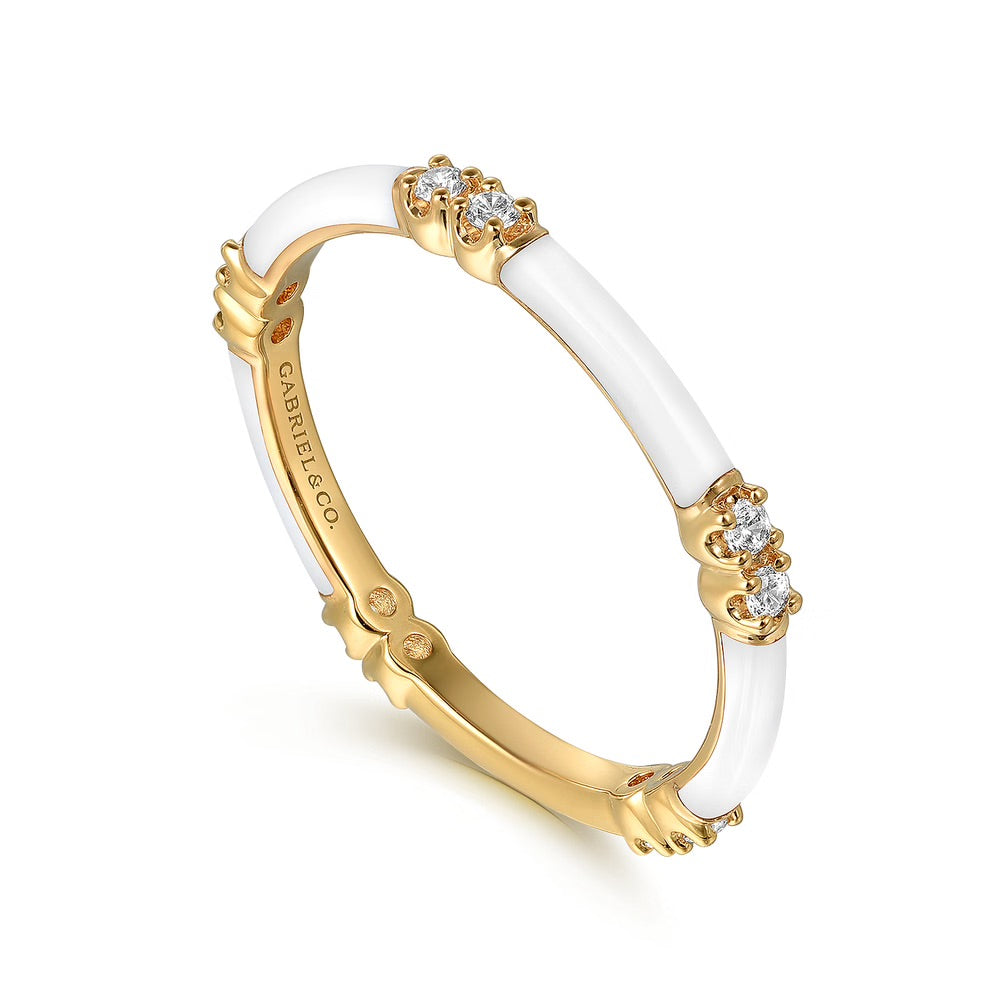 White Enamel and Yellow Gold Stacking Ring with Diamonds