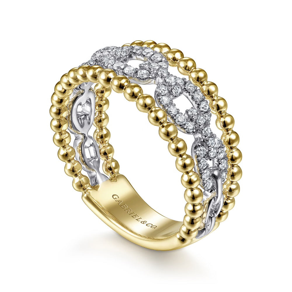Wide Gold Bead and Diamond Link Stacking Ring