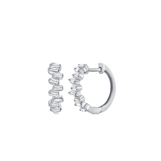 Offset Baguette Cut Diamond Huggie Hoop Earrings in 14K White Gold