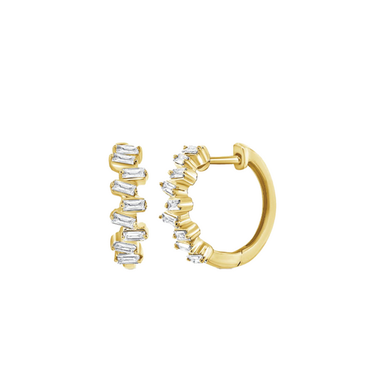 Offset Baguette Cut Diamond Huggie Hoop Earrings in 14K Yellow Gold