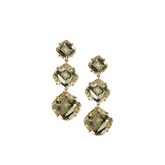 'Gossip' 3 Stone Cushion Cut Prasiolite Earrings