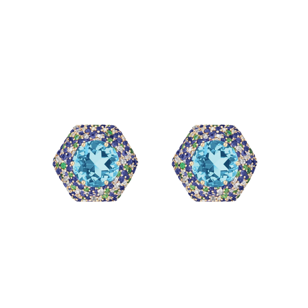 Hexa Blue Topaz, Blue Sapphire and Diamond Stud Earrings