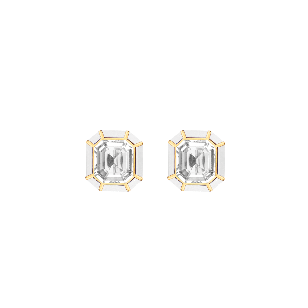 Melange Rock Crystal and White Agate Stud Earrings