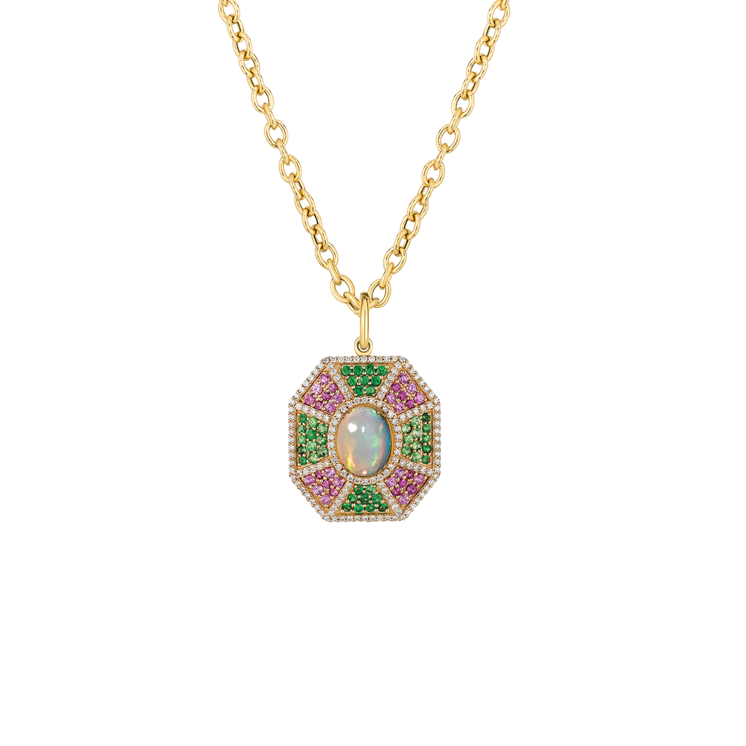One of a Kind Opal Pendant with Tsavorite, Pink Sapphires and Diamonds