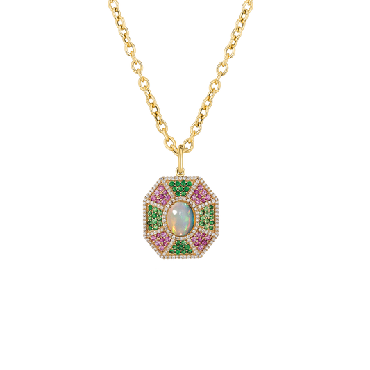 One of a Kind Opal Pendant with Tsavorite, Pink Sapphires and Diamonds