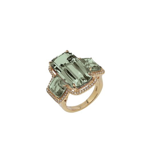 'Gossip' 3 Stone Cushion Cut Prasiolite Ring with Diamonds