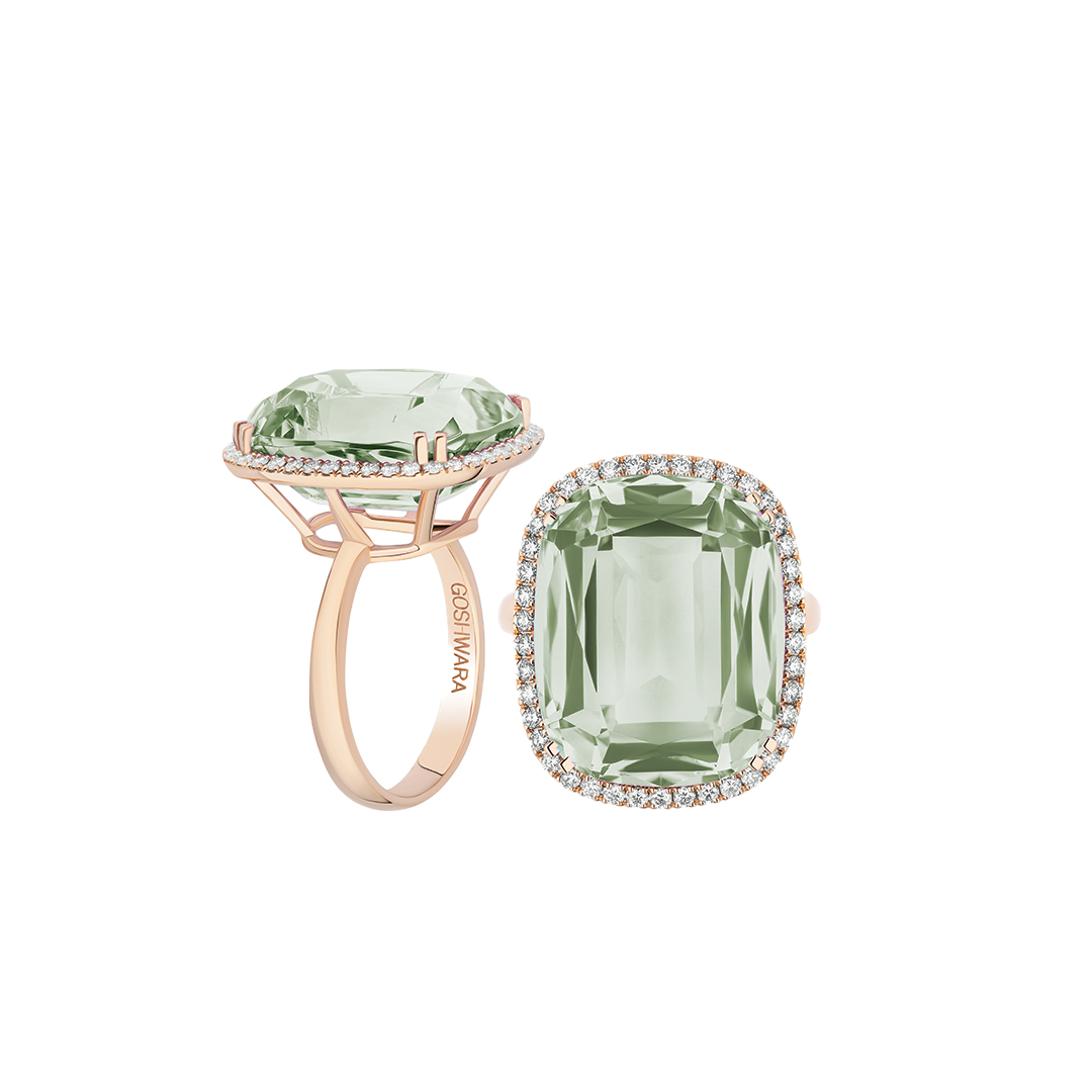 Prasiolite Cushion Cut Ring with Tube Shank and Diamonds