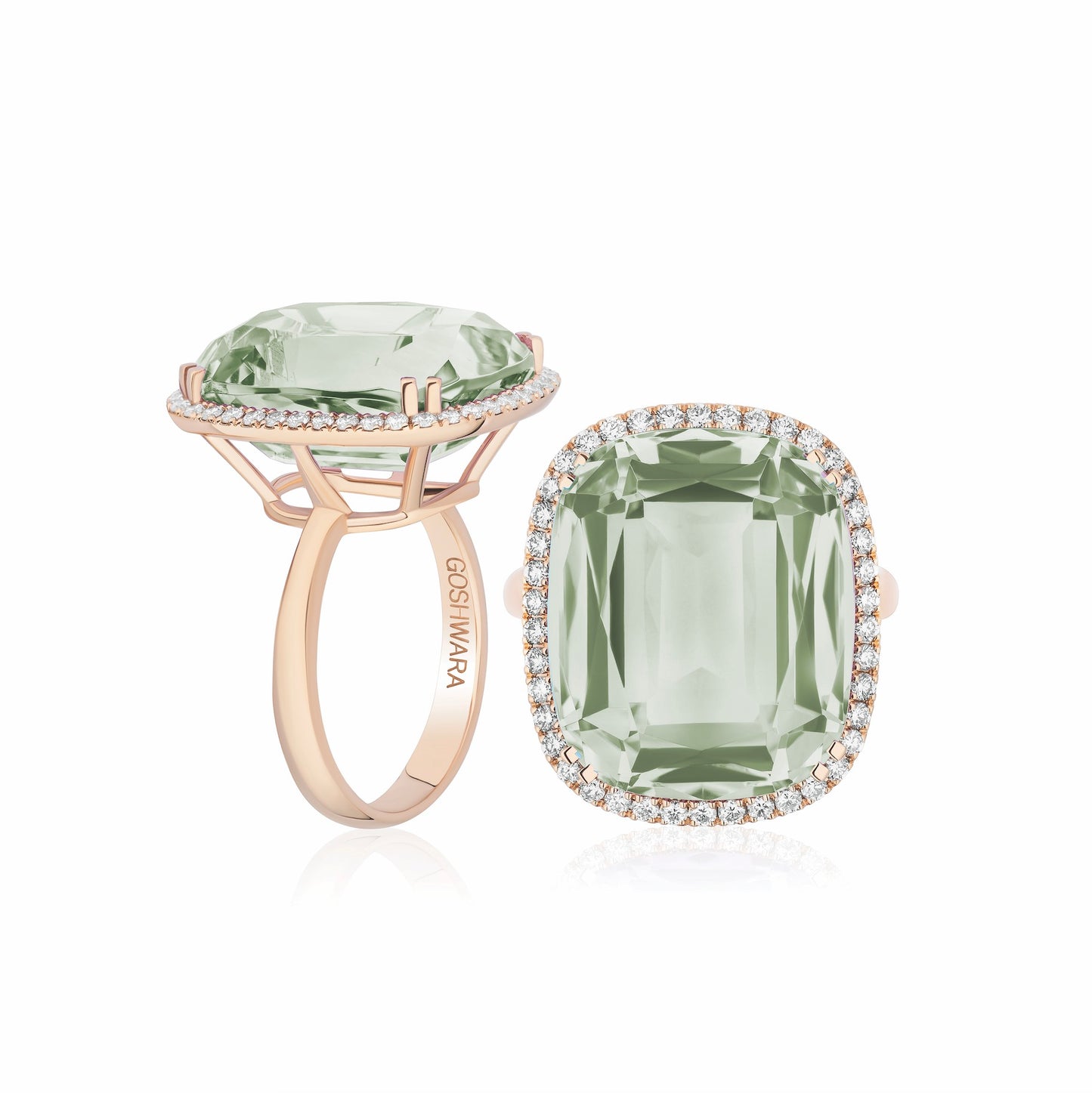 Gossip Cushion Cut Prasiolite and Diamond Ring