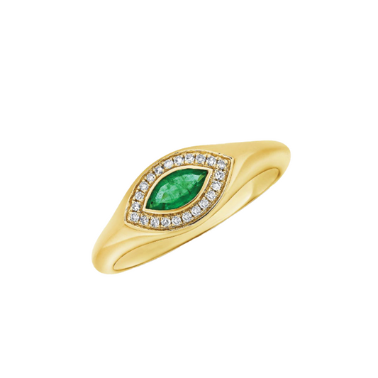 Evil Eye Ring with Marquise Shaped Emerald and Diamonds in 14K Yellow Gold