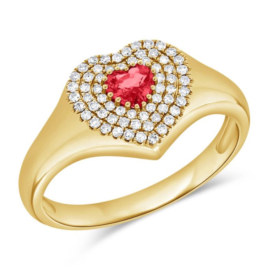 Heart Signet Style Pinky Ring with Ruby