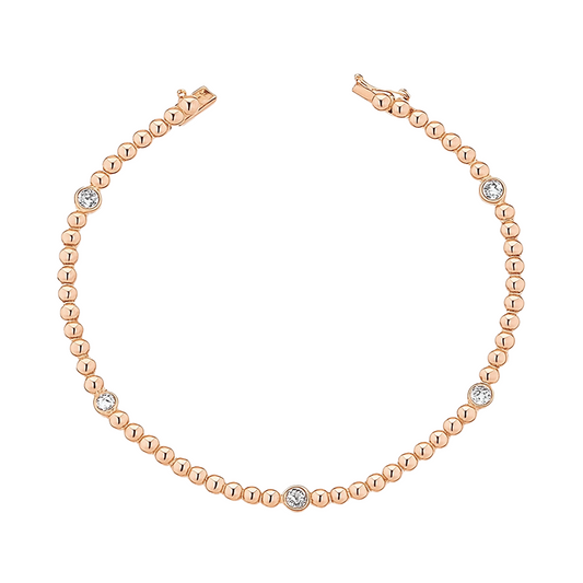 Beaded Bracelet with Bezel Set Diamond Stations in 14K Rose Gold