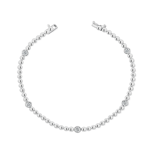 Beaded Bracelet with Bezel Set Diamond Stations in 14K White Gold