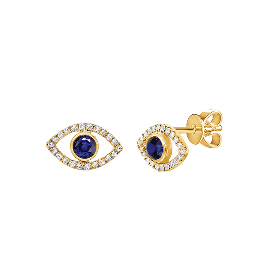 Evil Eye Stud Earrings with Blue Sapphires and Diamonds in 14K Yellow Gold