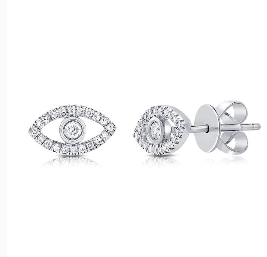 Evil Eye Diamond Pave Stud Earrings in 14K White Goldld