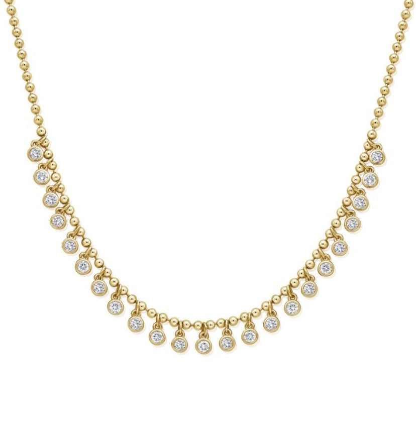 Gold Bead and Bezel Set Diamond Fringe Necklace