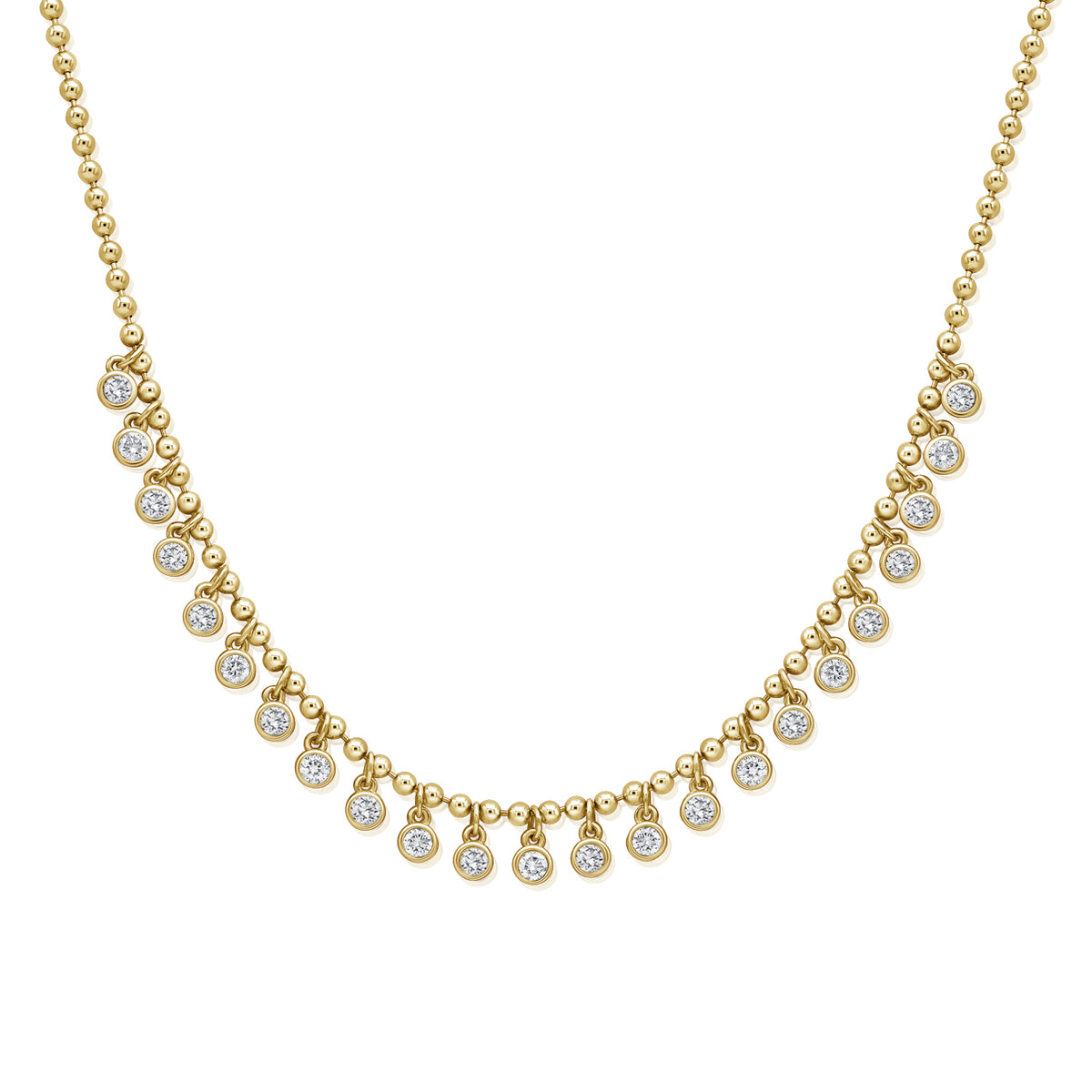 Gold Bead and Bezel Set Diamond Fringe Necklace