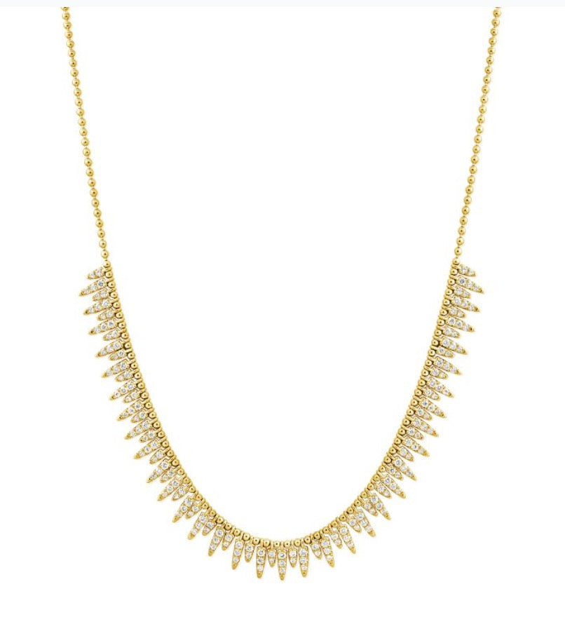 Gold Bead and Diamond Spike Fringe Necklace