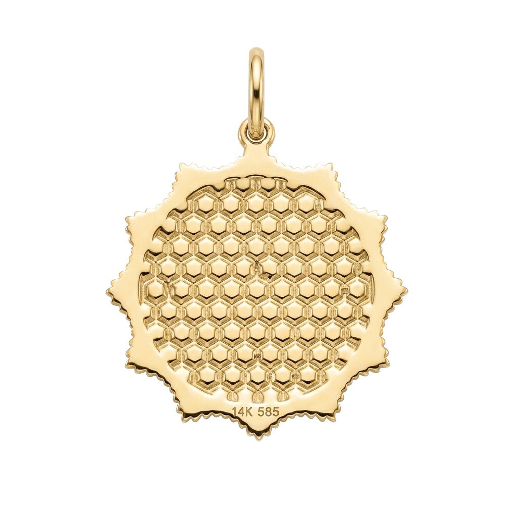 Scalloped Disc Honeybee Charm with Bee Honeycomb
