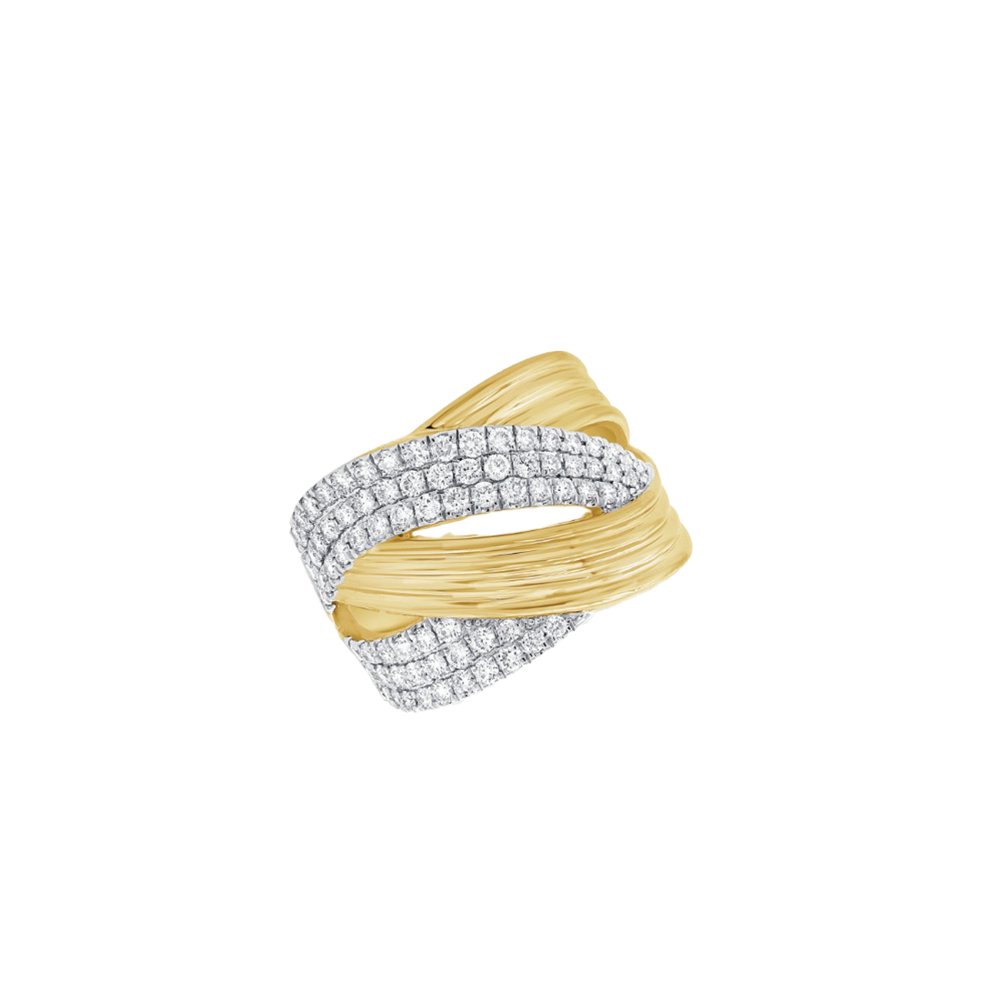 Wide Crossover Ring with Pave Diamonds and Ribbed Bands in 14K Yellow Gold