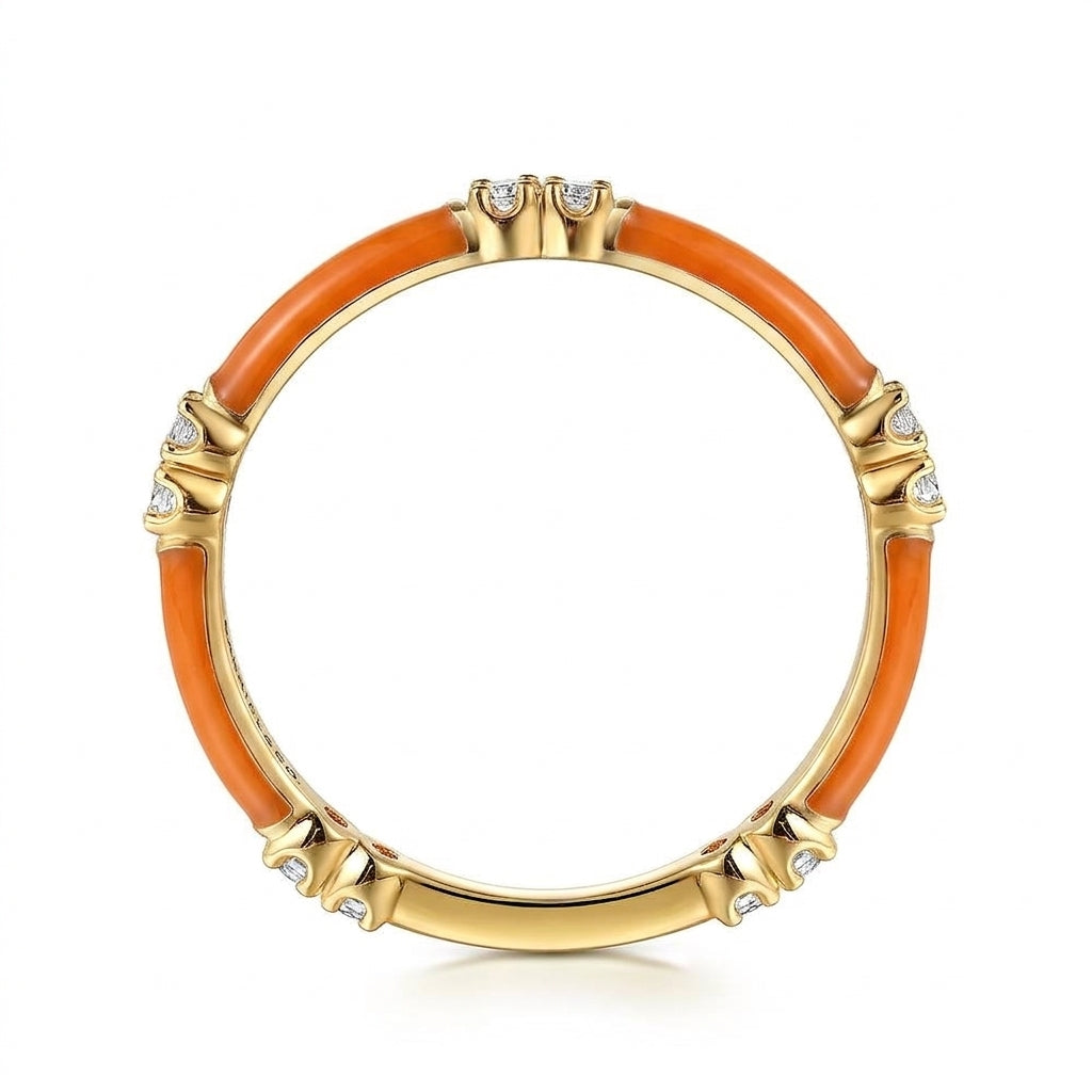 Orange Enamel and Yellow Gold Stacking Ring with Diamonds