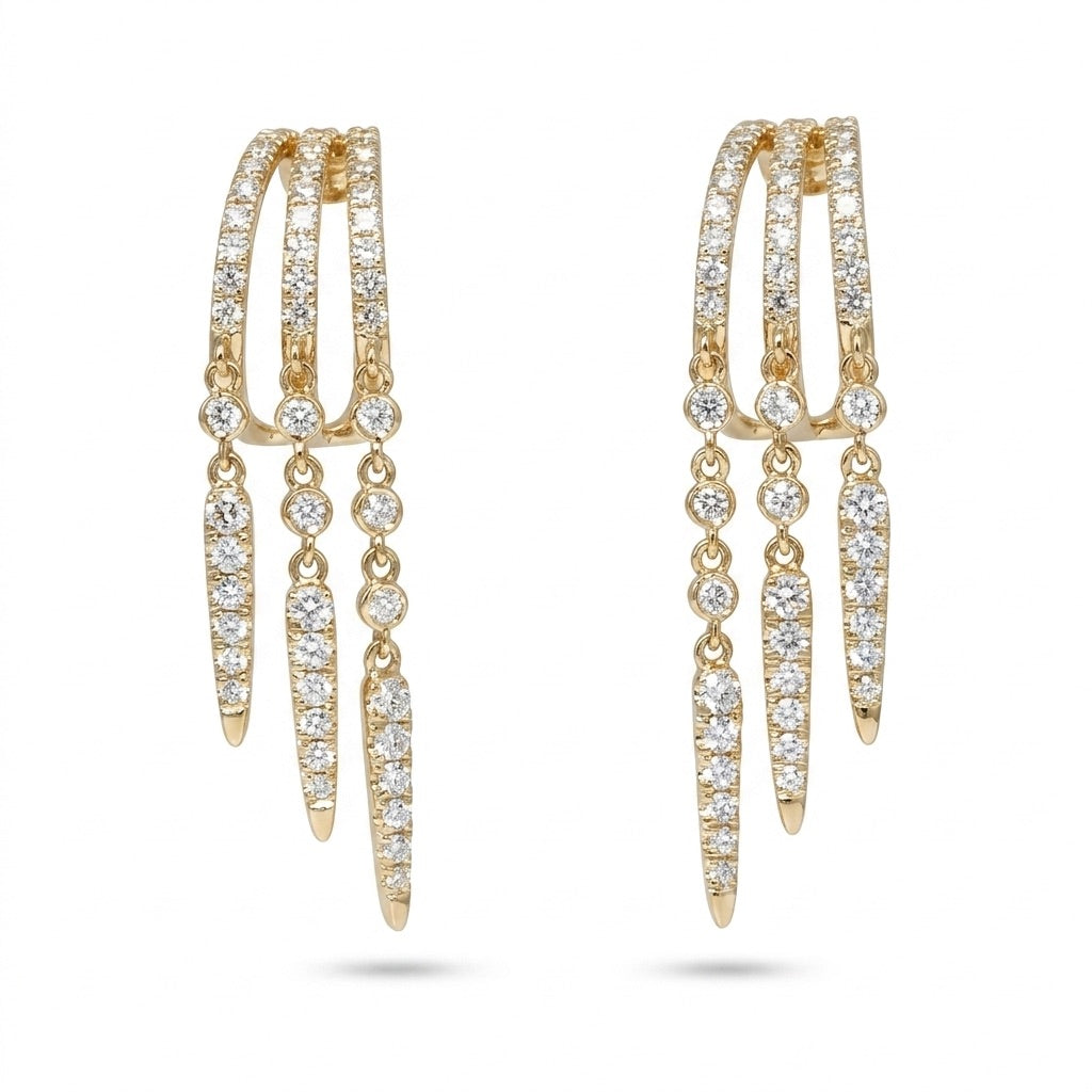 Triple Row Diamond Dangle Drop Earrings