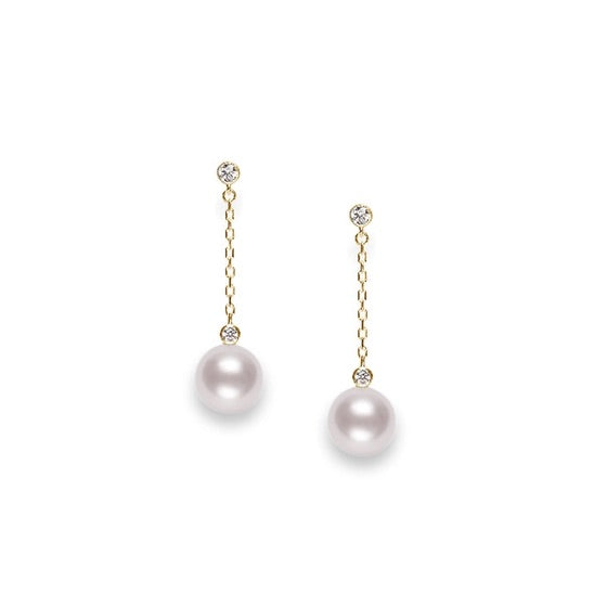 8.5mm Akoya Pearl and Diamond Chain Drop Earrings in Yellow Gold