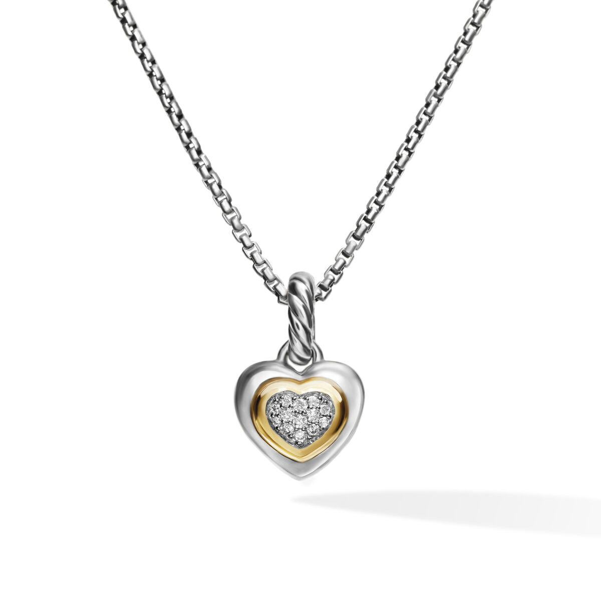 Petite Cable Heart Pendant Necklace in Sterling Silver with 14K Yellow Gold and Diamonds, 17.1mm