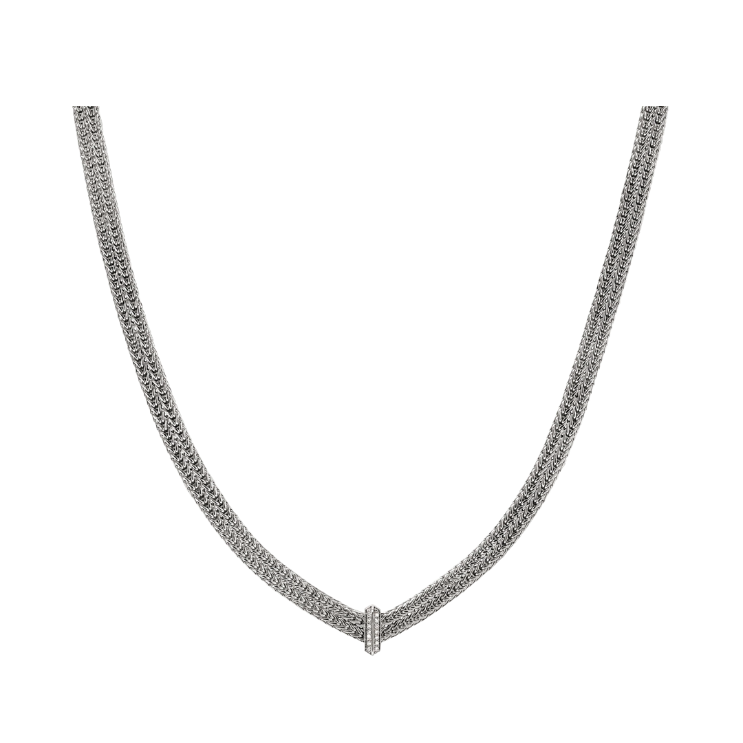 6mm Sterling Silver and Diamond Station Icon Link 'V' Necklace