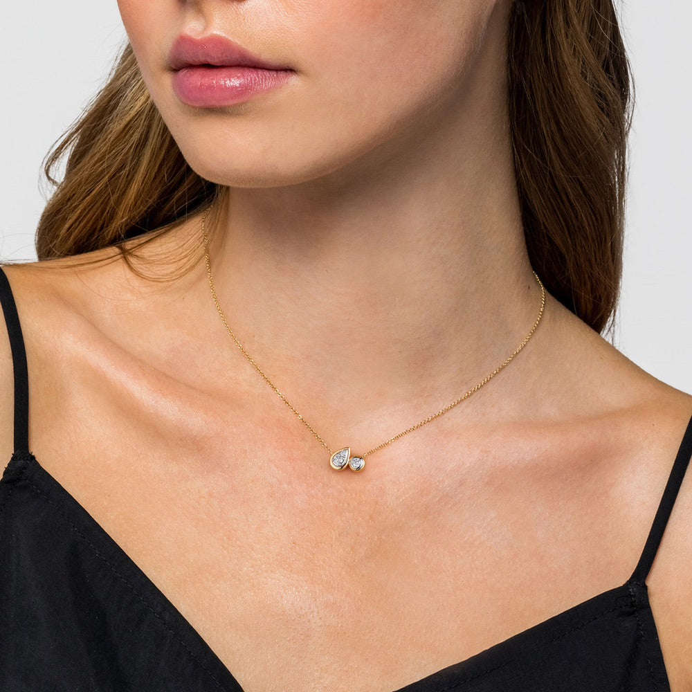 Yellow And White Gold Diamond Pear and Round Bezel Necklace