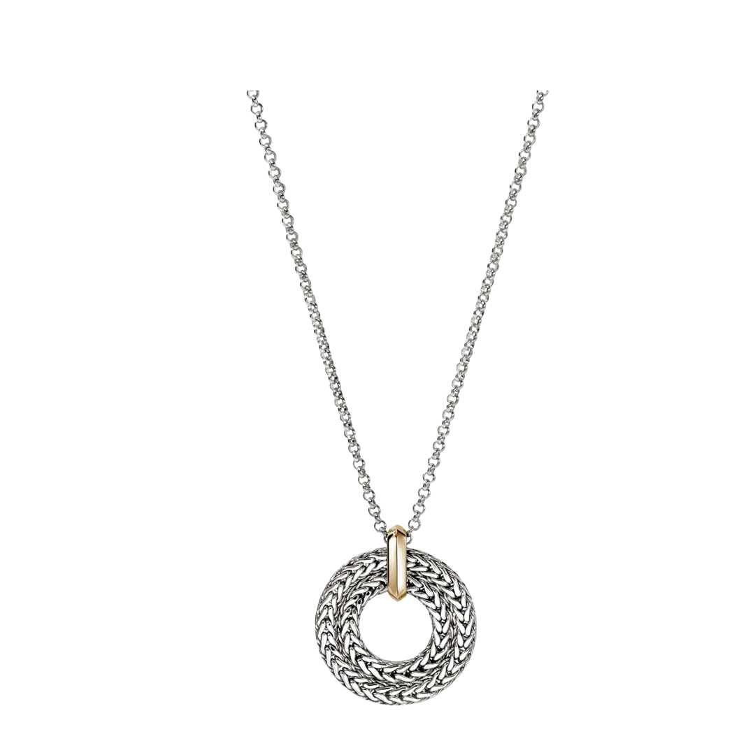 Sterling Silver Icon Link Round Pendant Necklace with Gold Accent