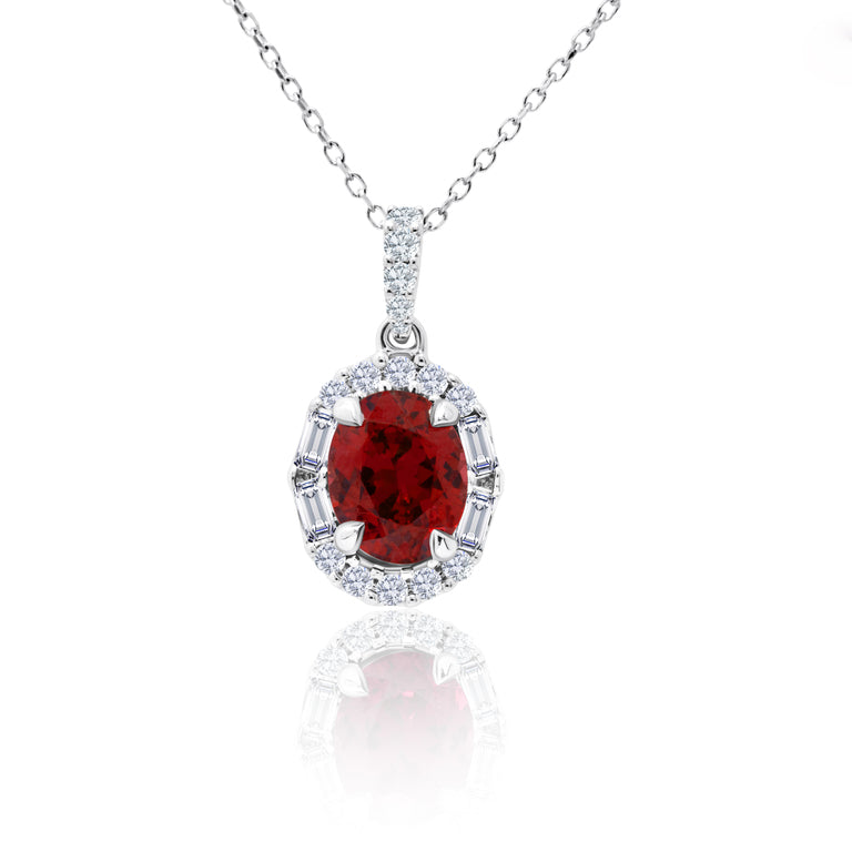 Oval Ruby Pendant Necklace with Diamond Halo